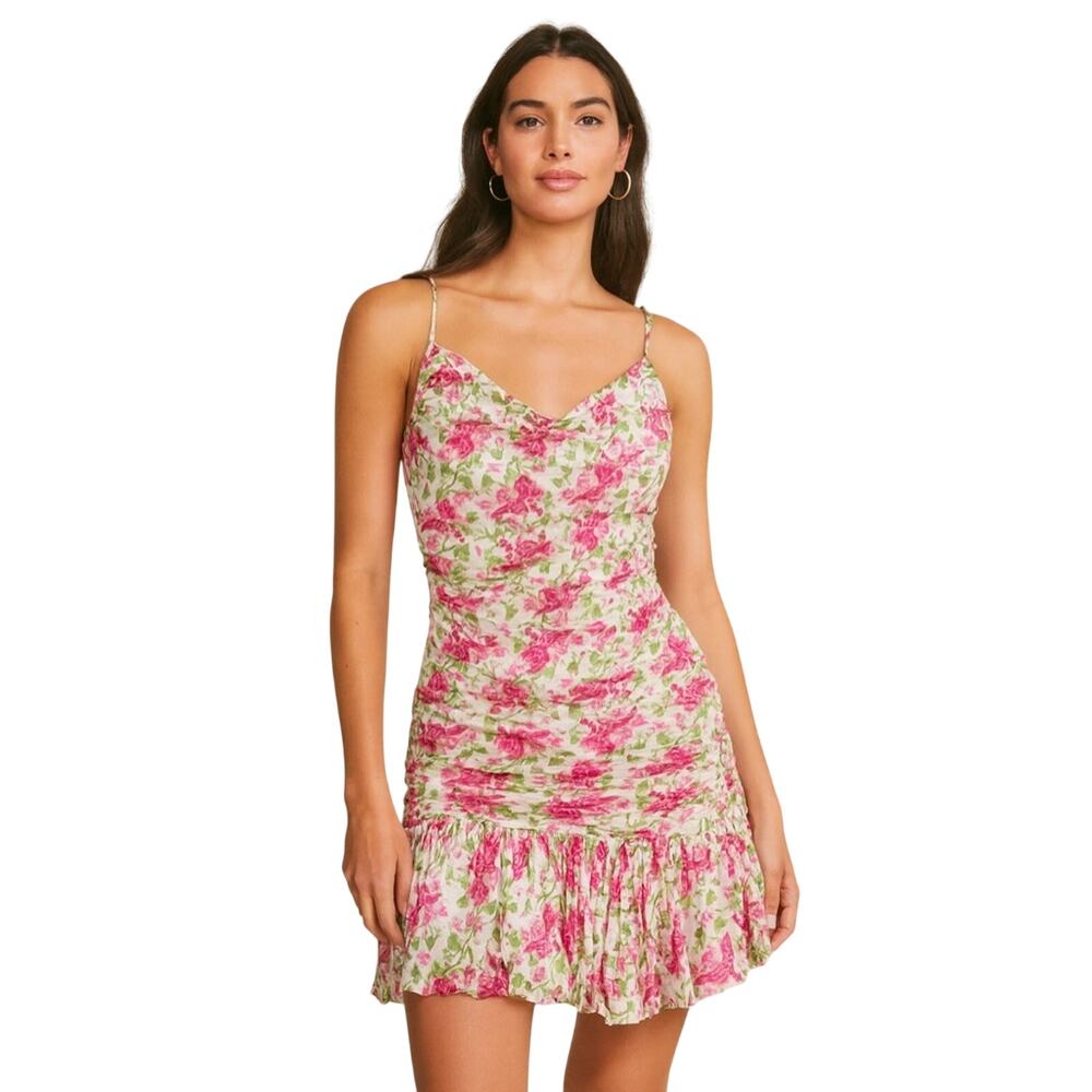 Diane Von Furstenberg 100% Silk Floral Fit Flare Dress Ruching Flutter Skirt 10
